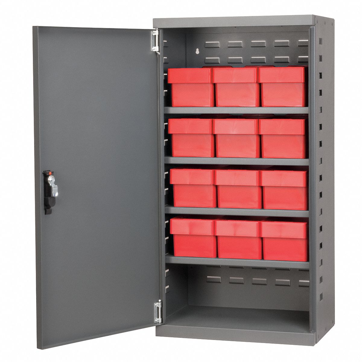 Cabinet, Gray, Steel Door, 12 Red Drawers