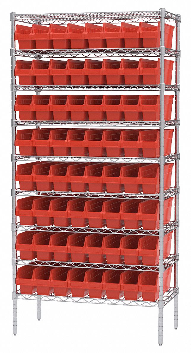 Bin Shelving, Wire, 36X18, 64 Bins, Red