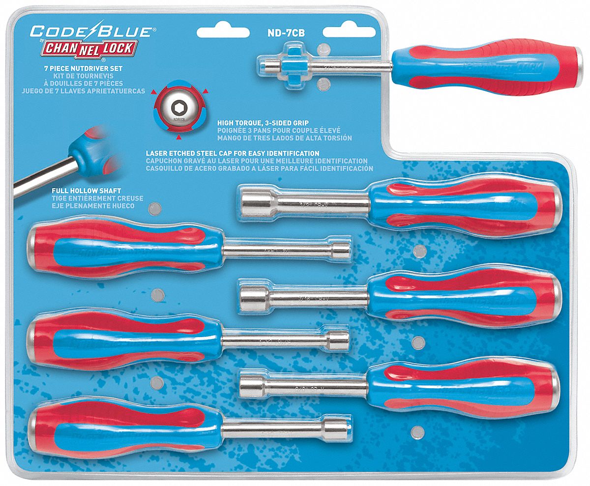 Nut Driver Set, 3/16 to 1/2 In, 7 Pcs