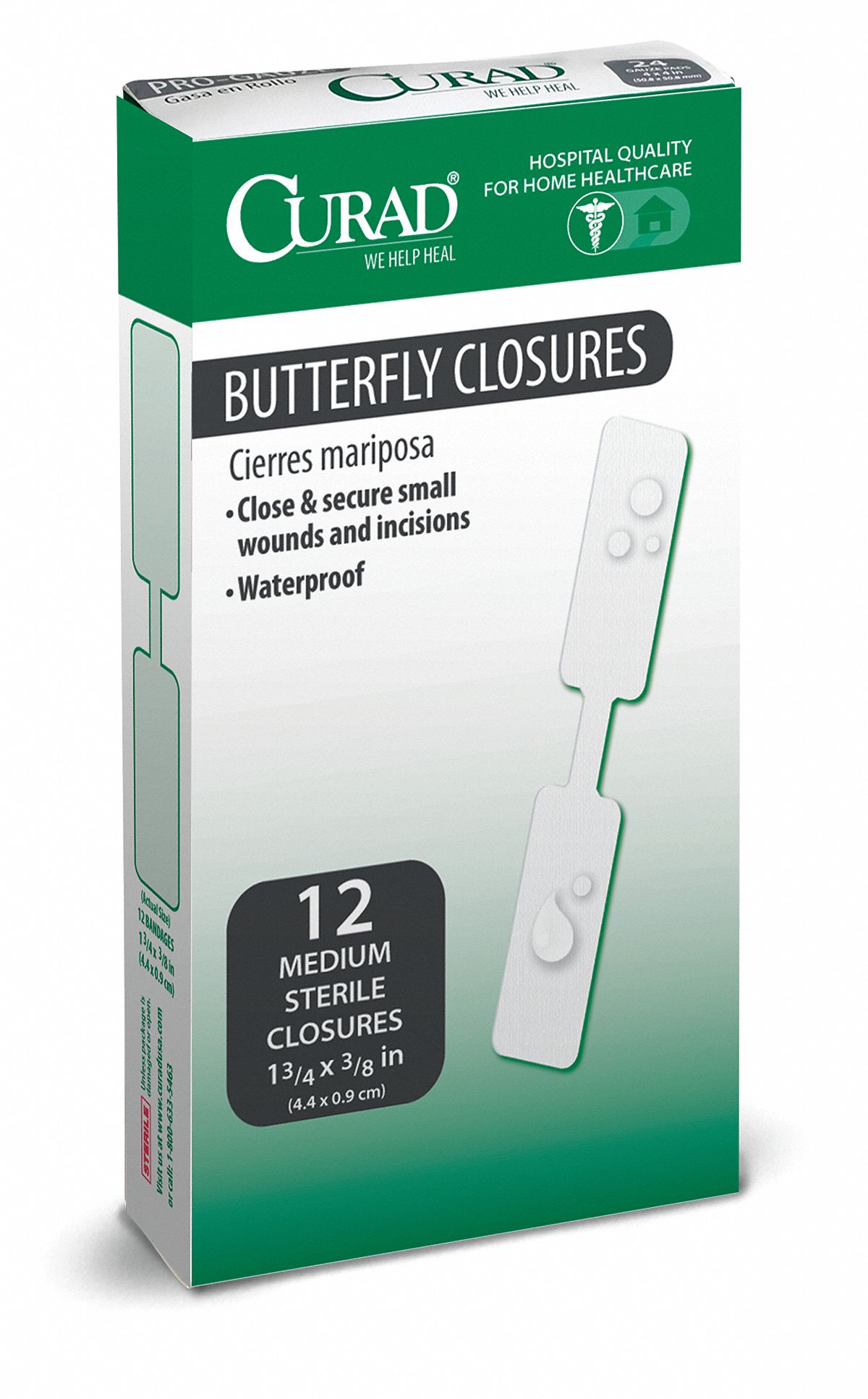 Bandage, Butterfly, WP, 1-3/4x3/8 In, PK 12