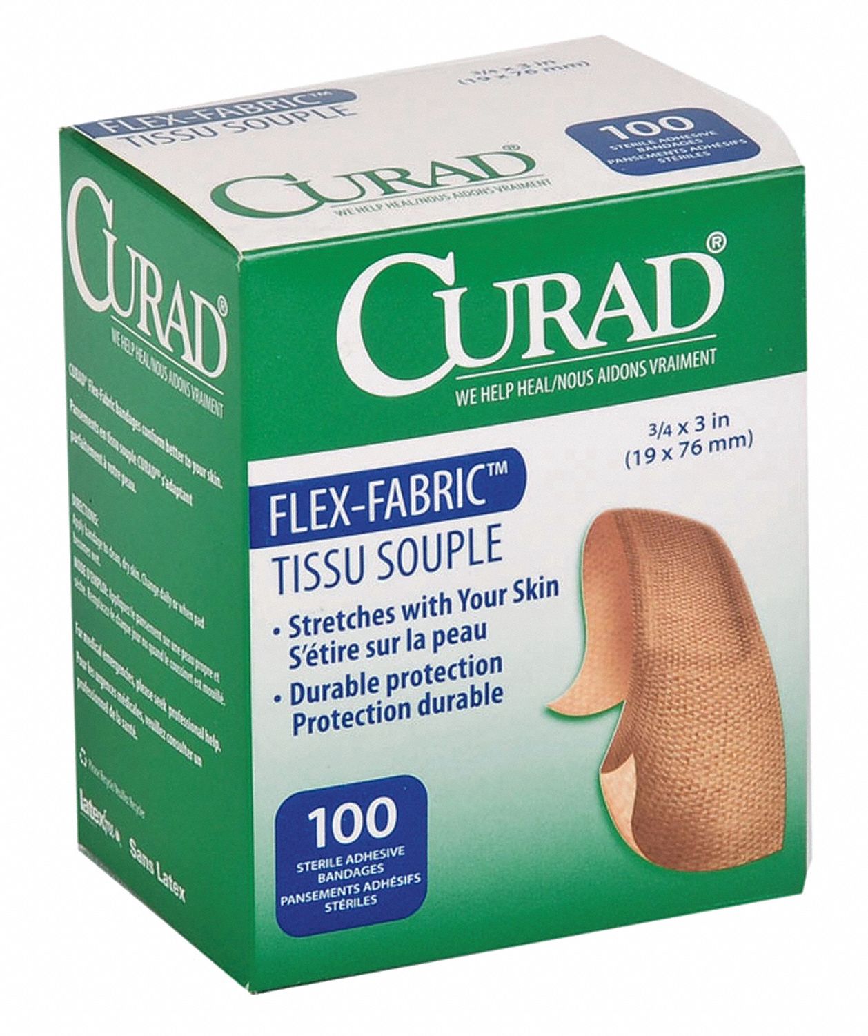 Adh Bandage, Strl, Fabric, 3/4x3 In, PK 100