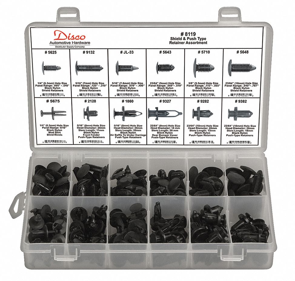 Shield / Push Type Retainer Asst, 192 Pc