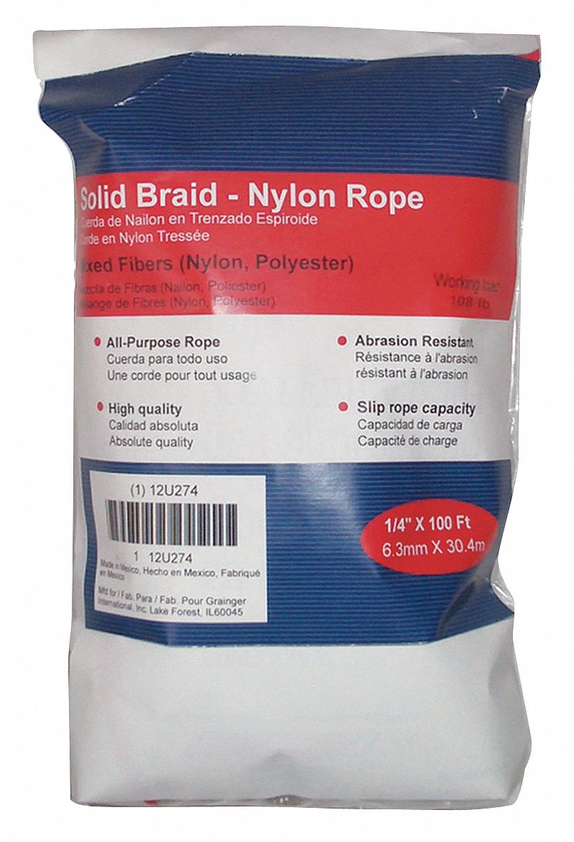 Rope, Nylon, Braided, 1/4 In. dia., 100 ft L