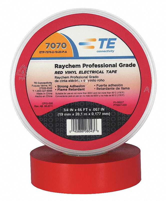 Electrical Tape, 3/4 In x 66 ft, 7 mil, Red