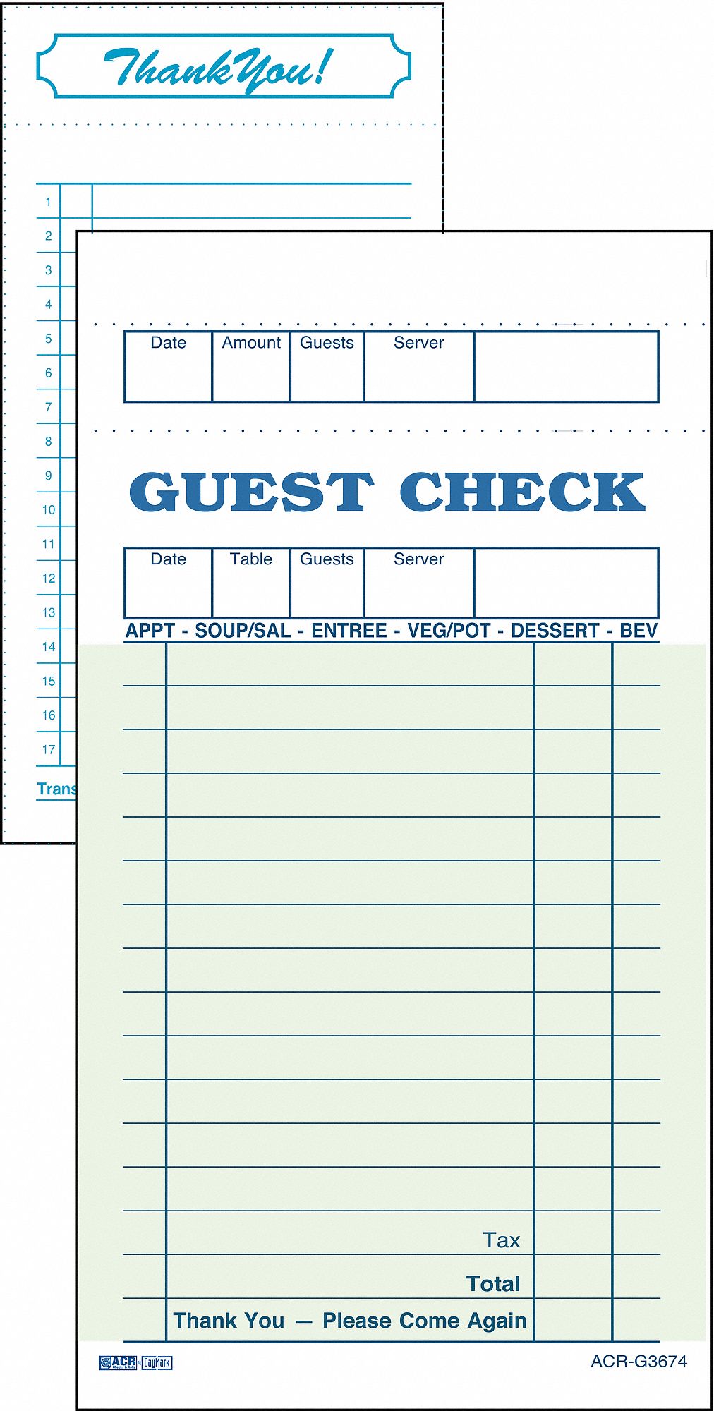 Guest Check Board, 1 Part, Green, PK 50