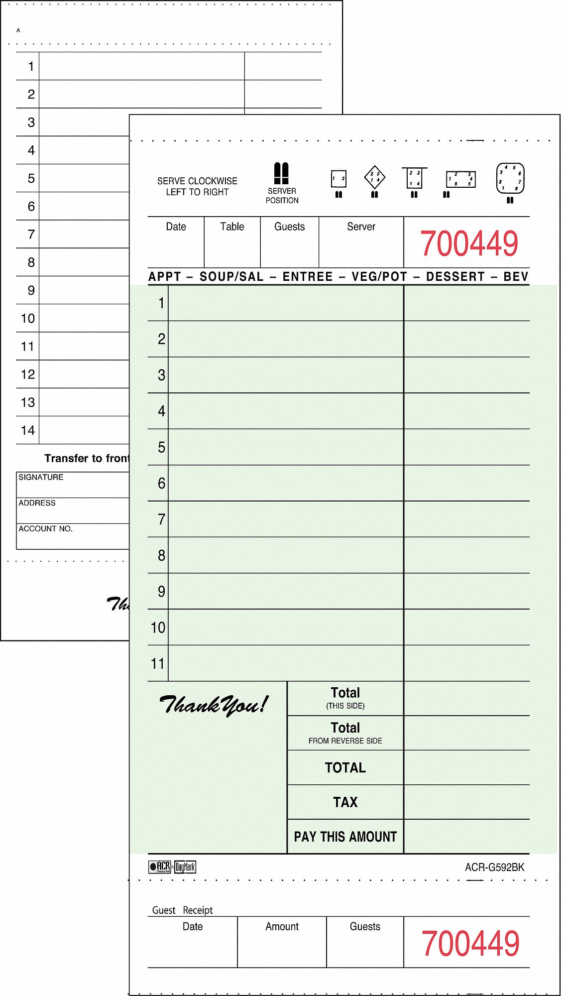 Guest Check Board, 1 Part, Green, PK 100