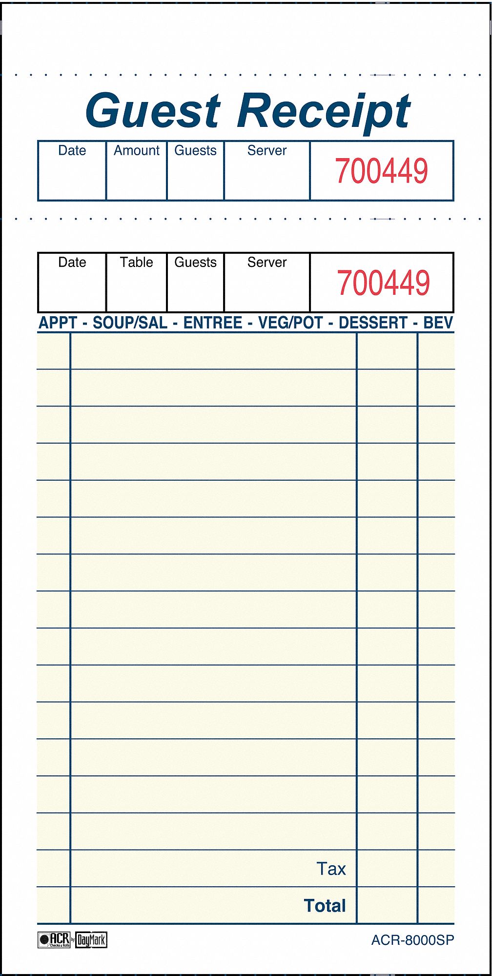 Guest Check, 2 Part, Yellow, PK 10