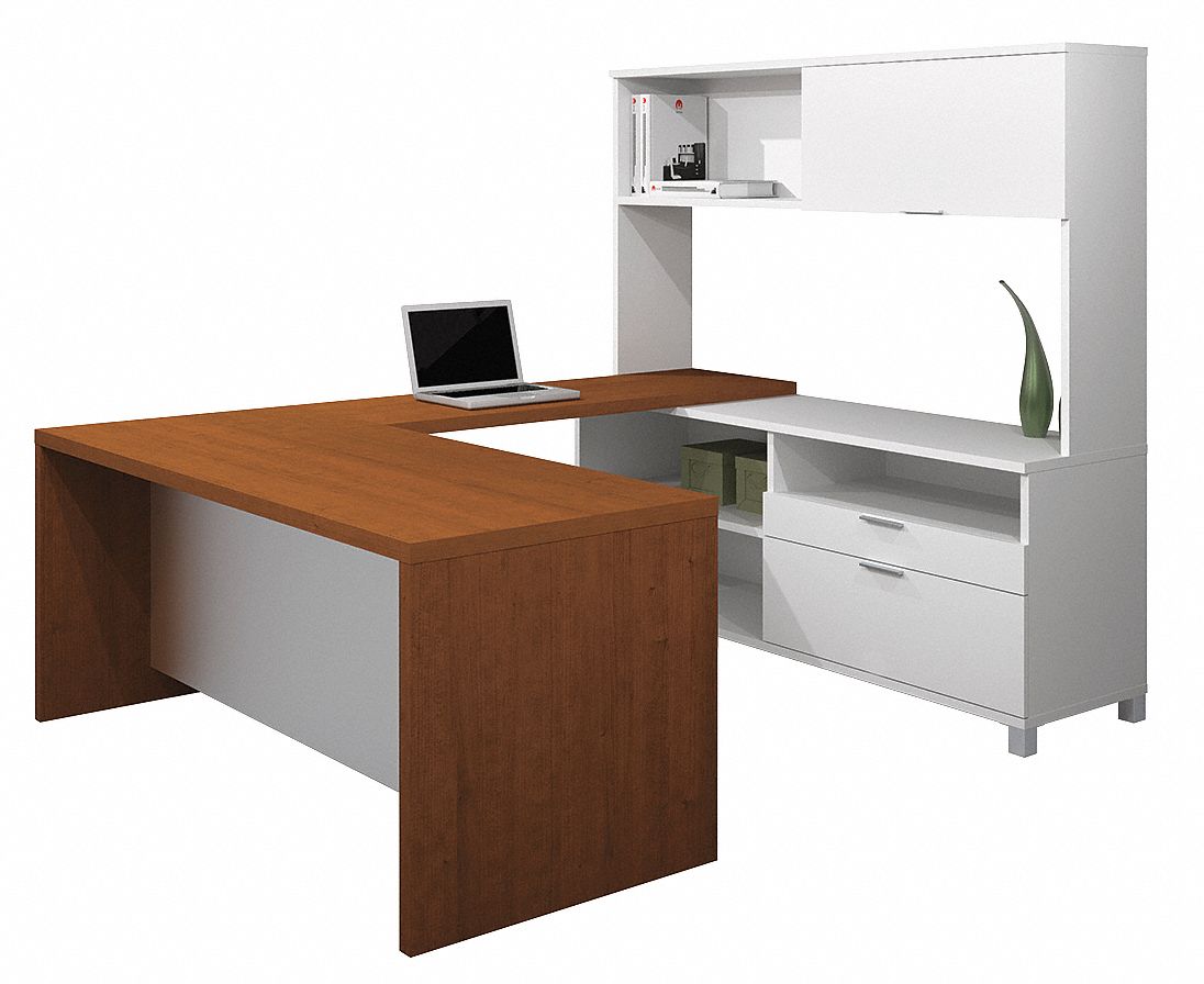 U-Shaped Workstation, White/Cognac Cherry