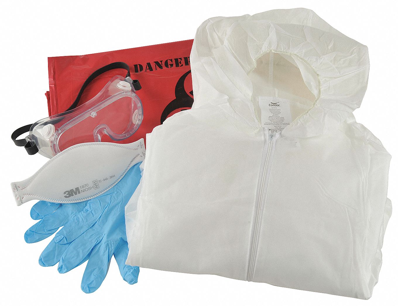 PPE Kit, Cvrlls 4X, Resp, Glvs, Goggles, Bags