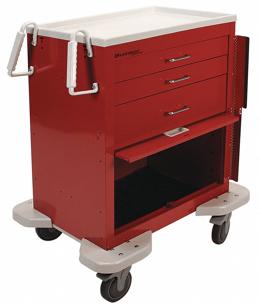 Emergency Cart, 25x32x39, Red, 3 Drawer