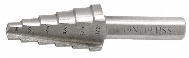 Step Drill Bit, M2, Bright, 3/16-7/8 In