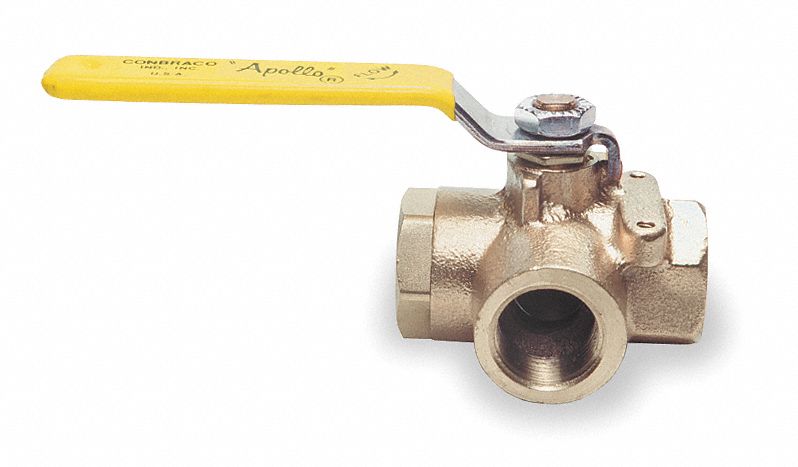 Ball Valve, 3 Way, 1/4 In NPT, Bronze