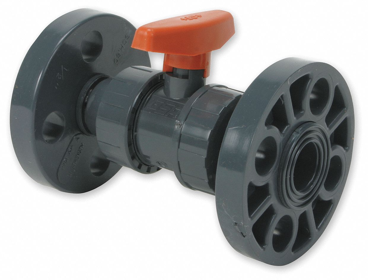 Ball Valve, 1/2 In Flanged, PVC, Full Port