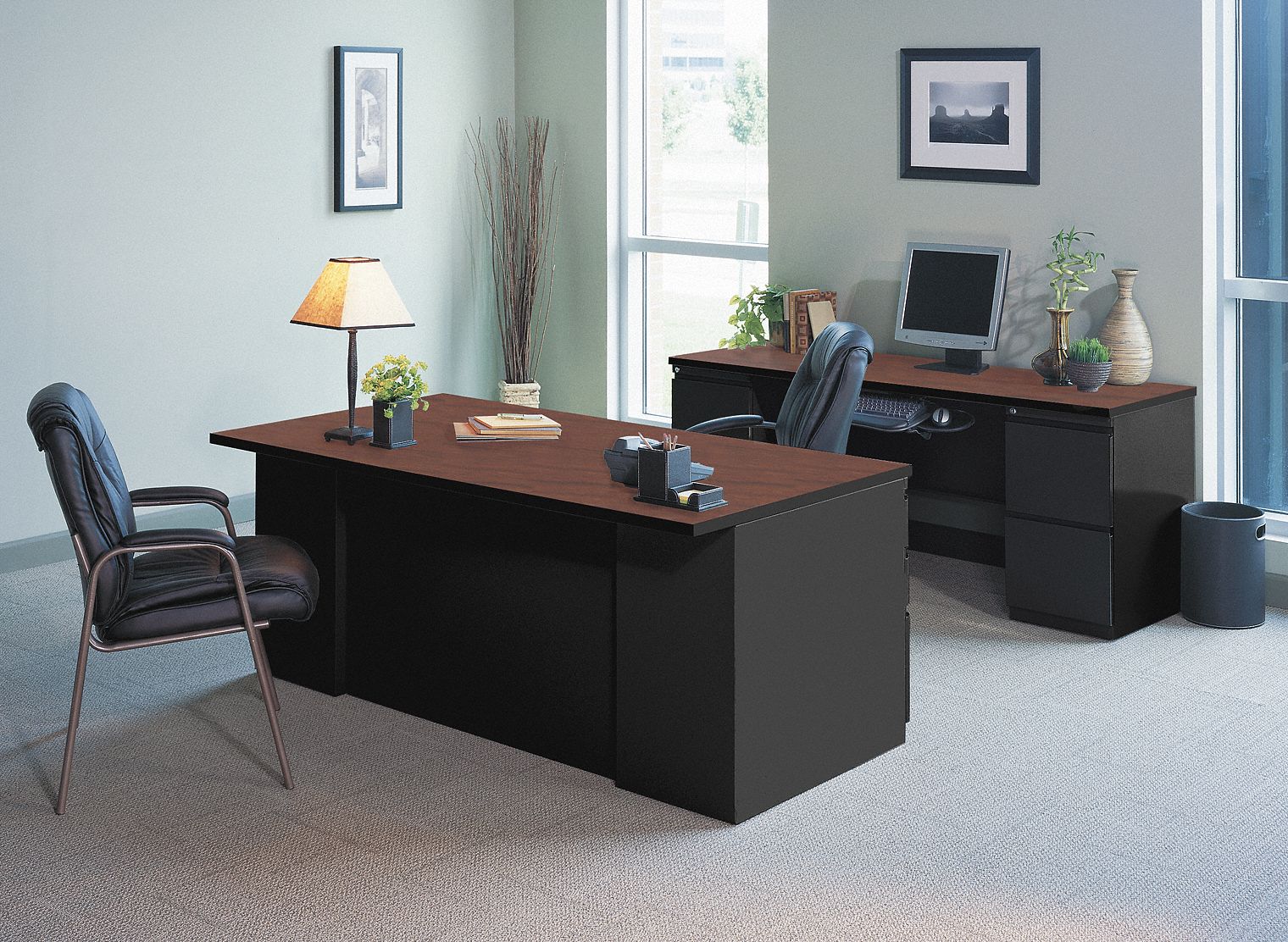Double Pedestl Credenza, Steel Lam, Cherry