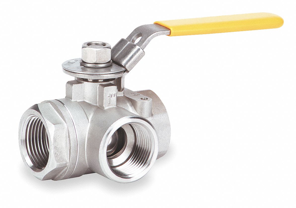 Ball Valve, Three Way, 1/2 In FNPT, Cast SS