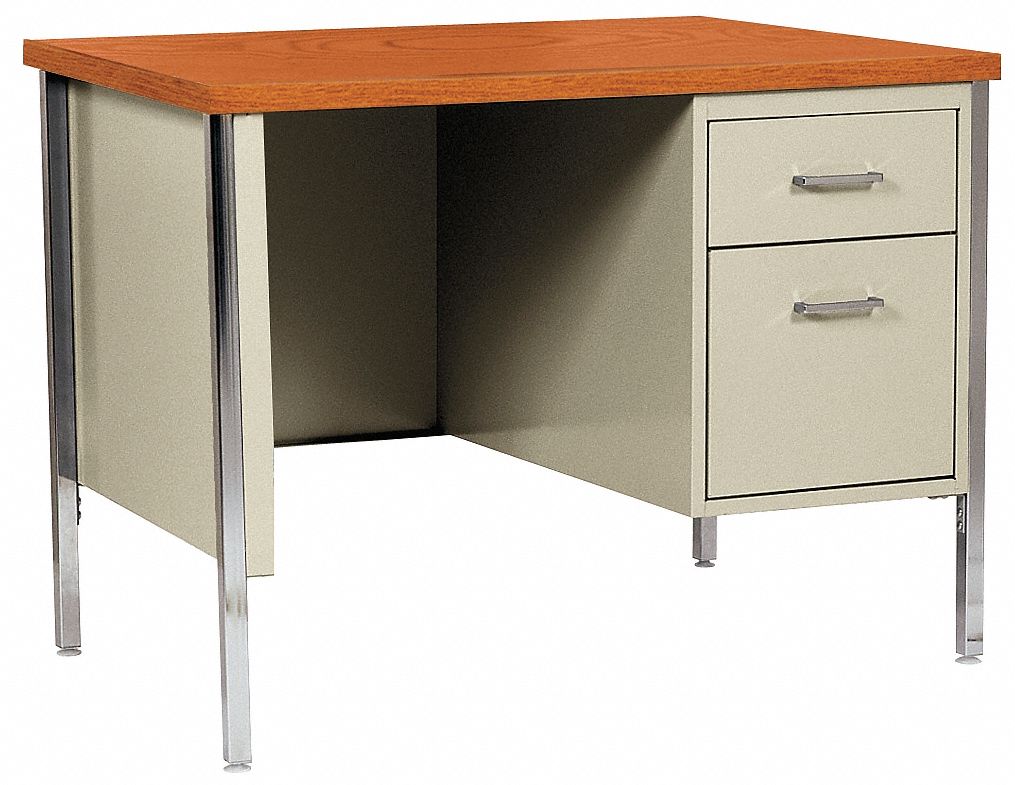 Desk, Single Pedestal, Putty/Teak