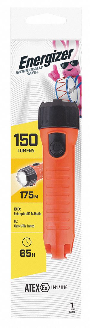 Mine Safety Flashlight, 2 D, 1 LED, Orange