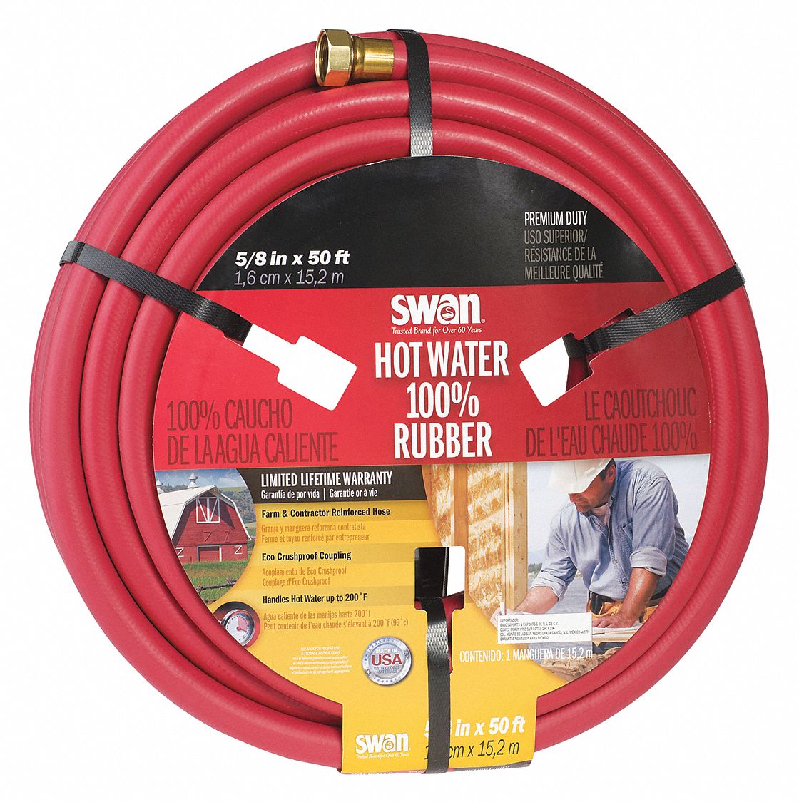 Water Hose, Rnfrcd Rubr, 5/8 In ID, 50 ft L