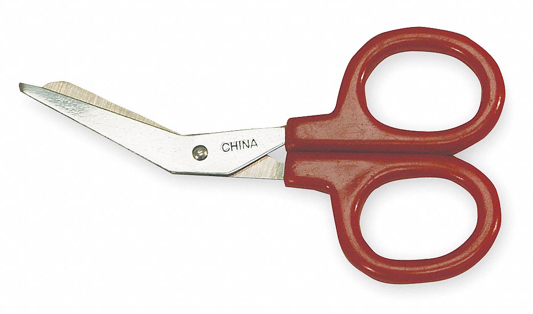 Scissors, Angled, 4 In, Metal, Red Handle