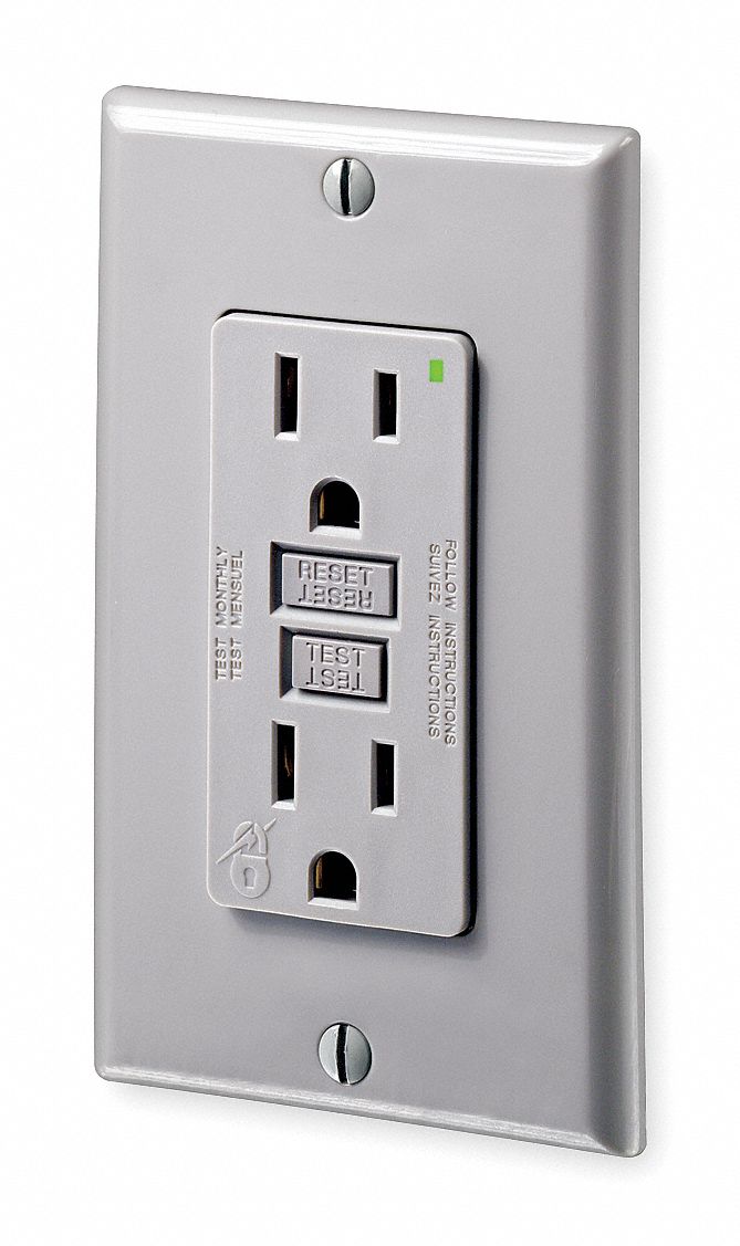GFCI Receptacle, 15 Amps AC, 5-15R, Gray