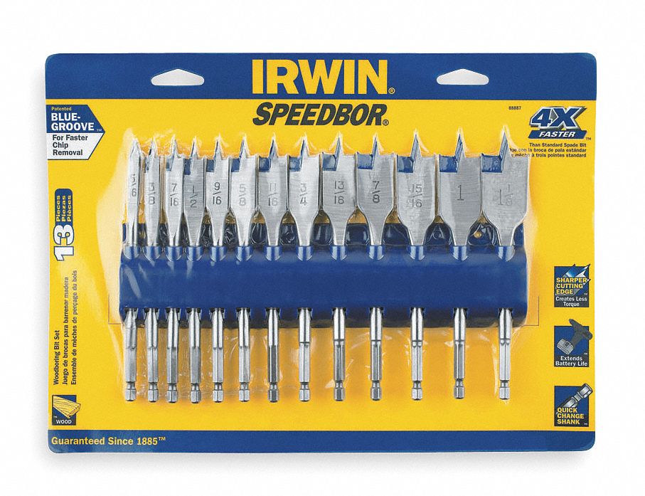 Spade Bit Set, 1/4 to 1 D, 6 In L, 13 Pc