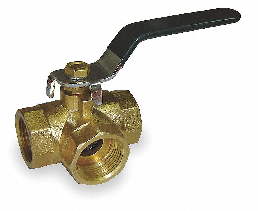 Three Way Ball Valve, 3/4 In NPT, Brass