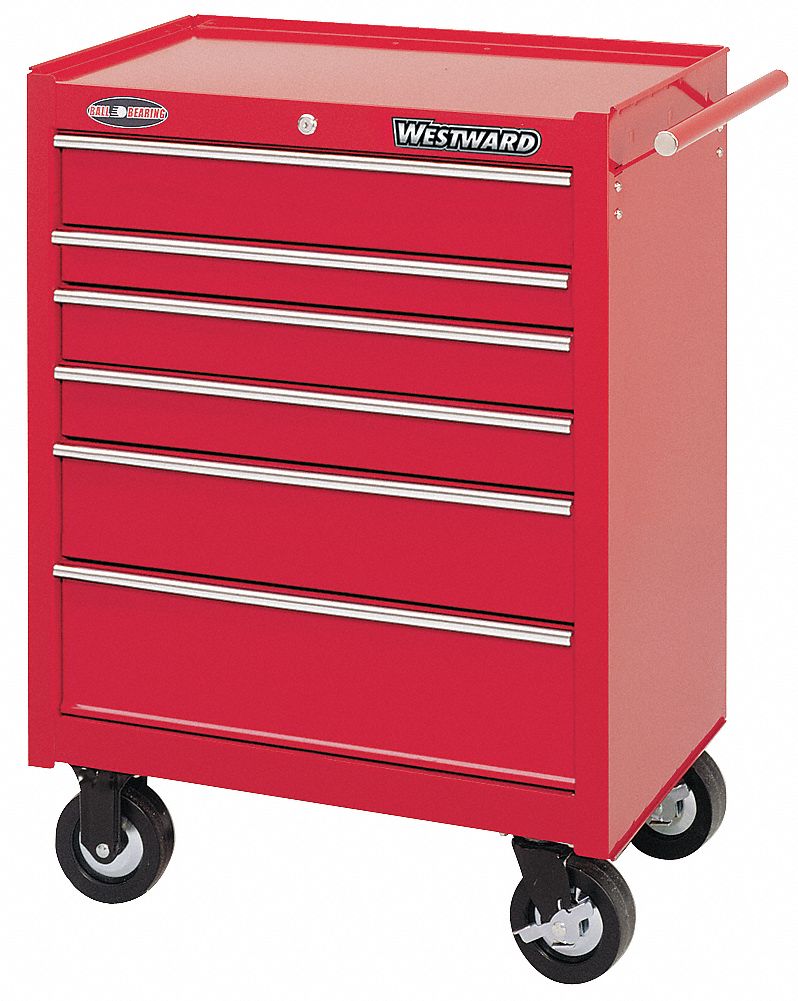 Rolling Cabinet, 26 1/2 W, 6 Drawer, Red