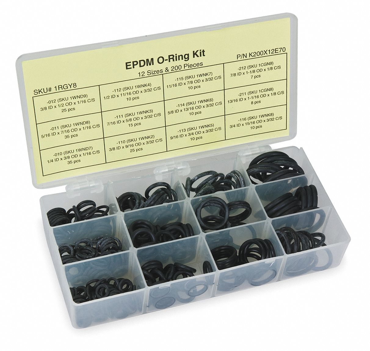 O Ring Assortment, EPDM, 200 Pcs, 12 Sizes