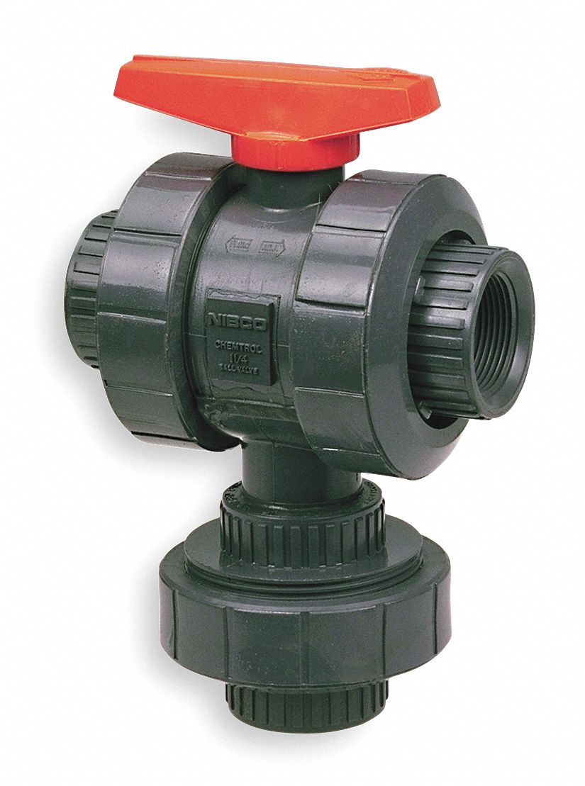 Ball Valve, Three Way, Threaded, 1 In, PVC