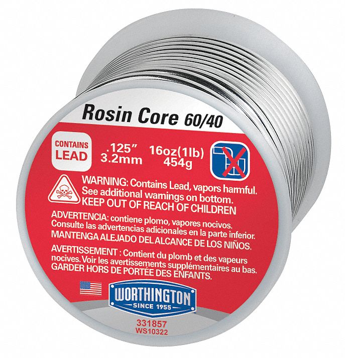 Rosin Core Solder, Dia 0.125 In, 1lb