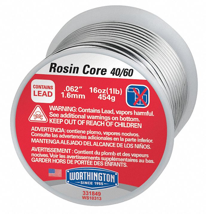 Rosin Core Solder, Dia 0.062 In, 1lb