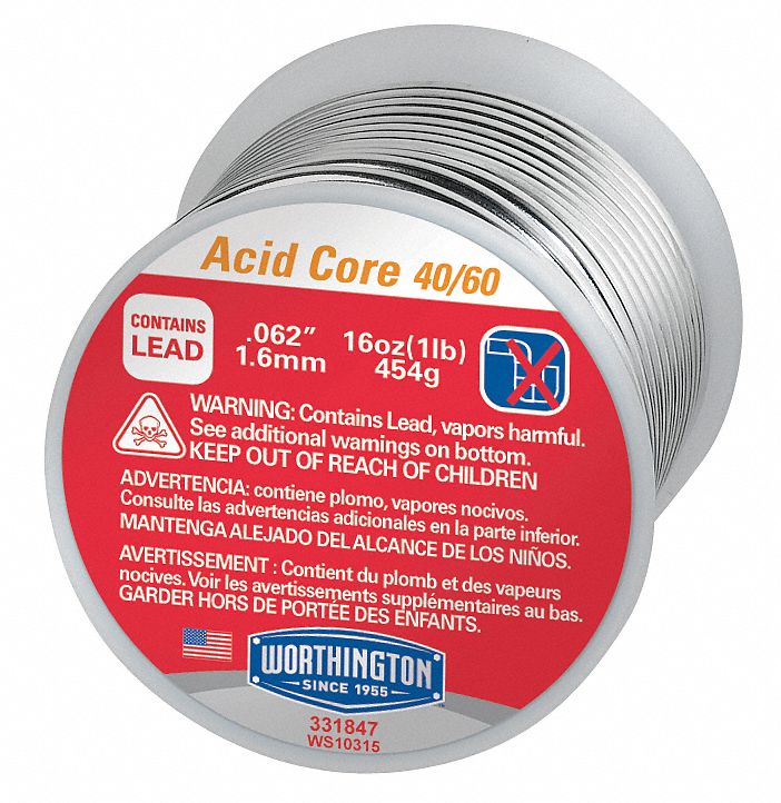 Leaded Acid Core Solder, Dia 0.062 In, 1lb