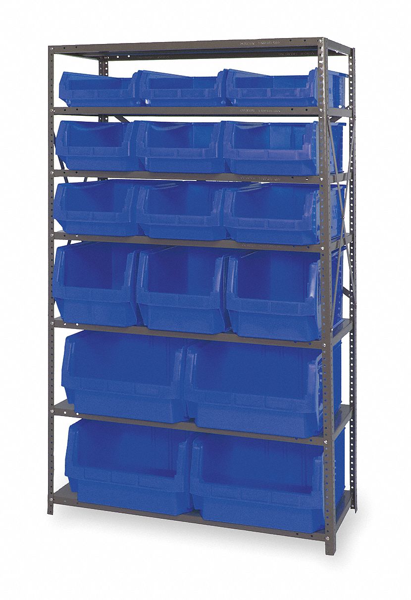 Bin Shelving, Solid, 42X18, 16 Bins, Blue