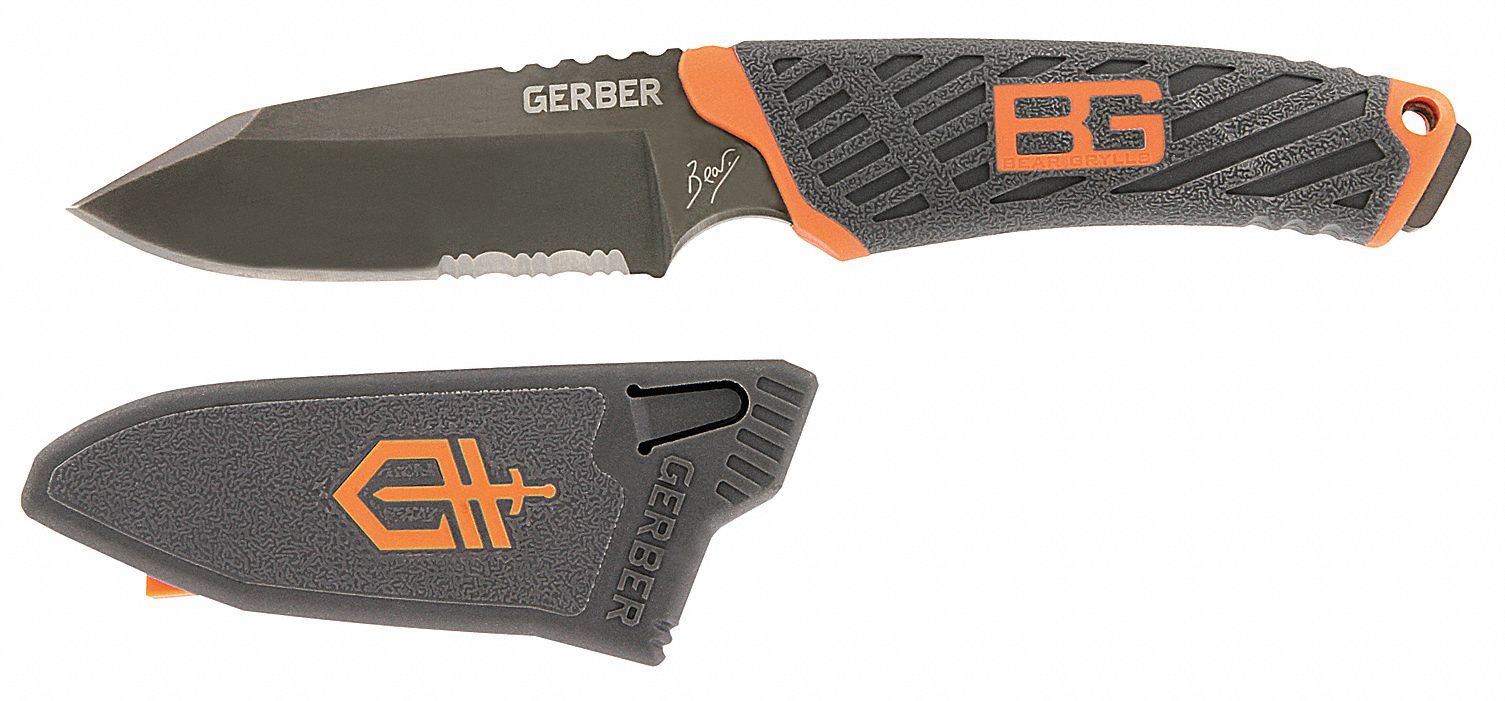 Fixed Blade, Serrated, 7-7/8 In, Orange/Blk