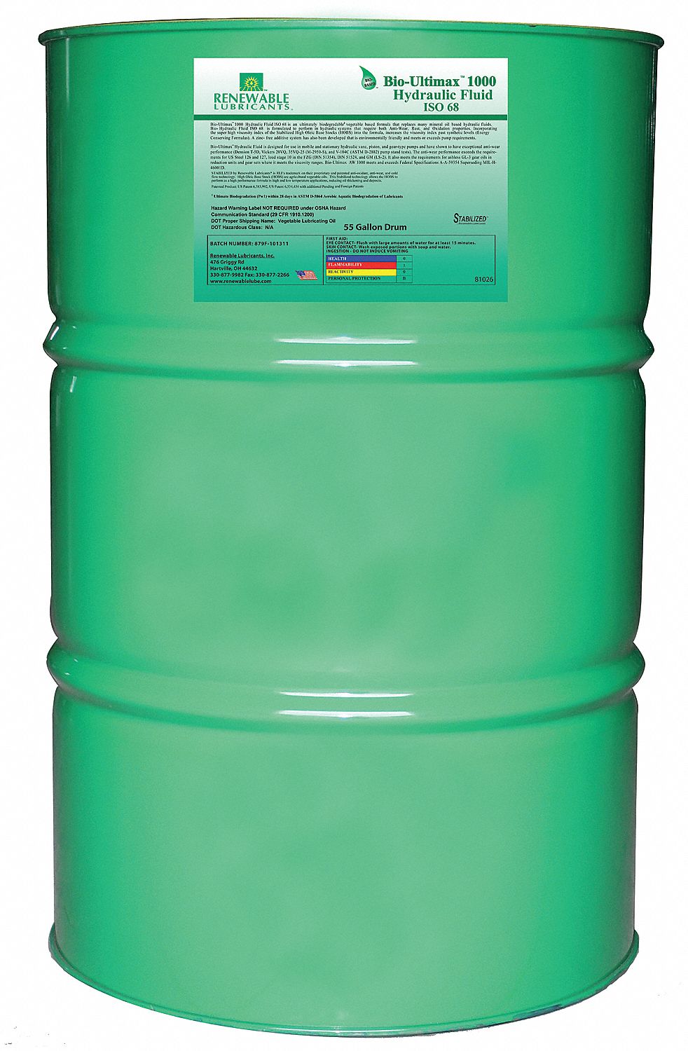 Biodegradable Hydraulic Oil, 55 Gal