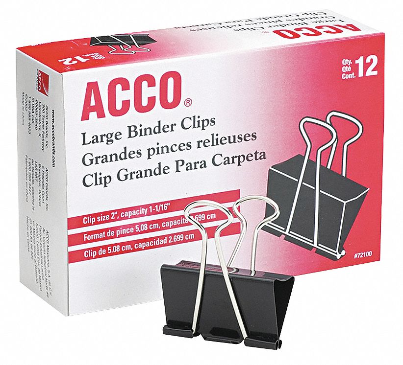 Binder Clip, Blk/Slvr, Plastic/Steel, PK 12