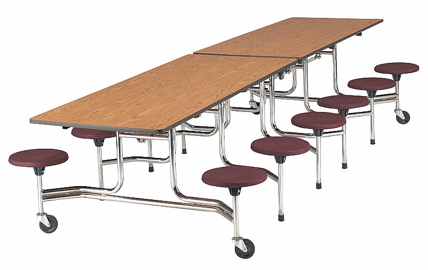 Mobile Stool Table, Oak, Wine, 58x144 In.