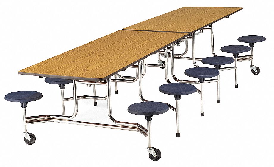 Mobile Stool Table, Oak, Navy, 58x144 In.