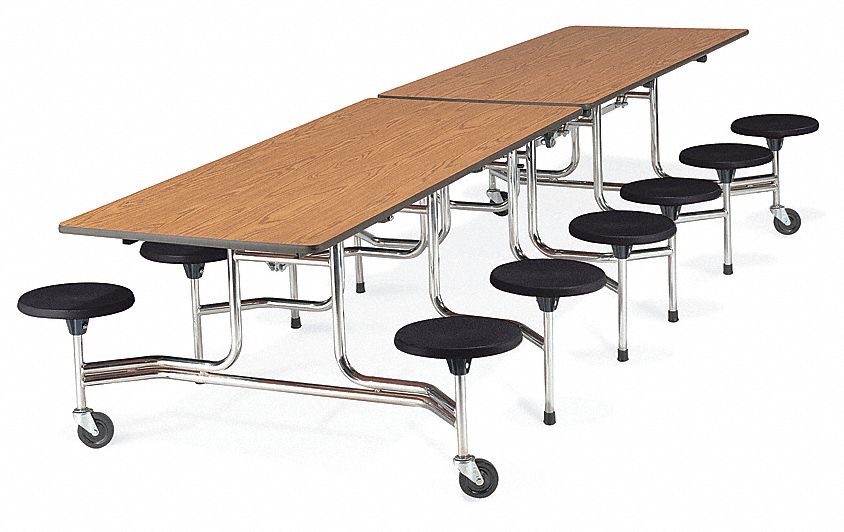Mobile Stool Table, Oak, Black, 58x144 In.