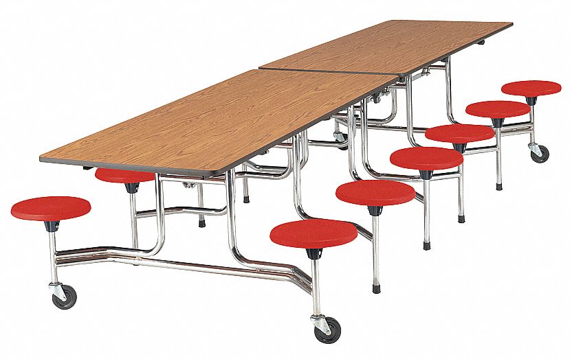 Mobile Stool Table, Oak, Red, 58x144 In.