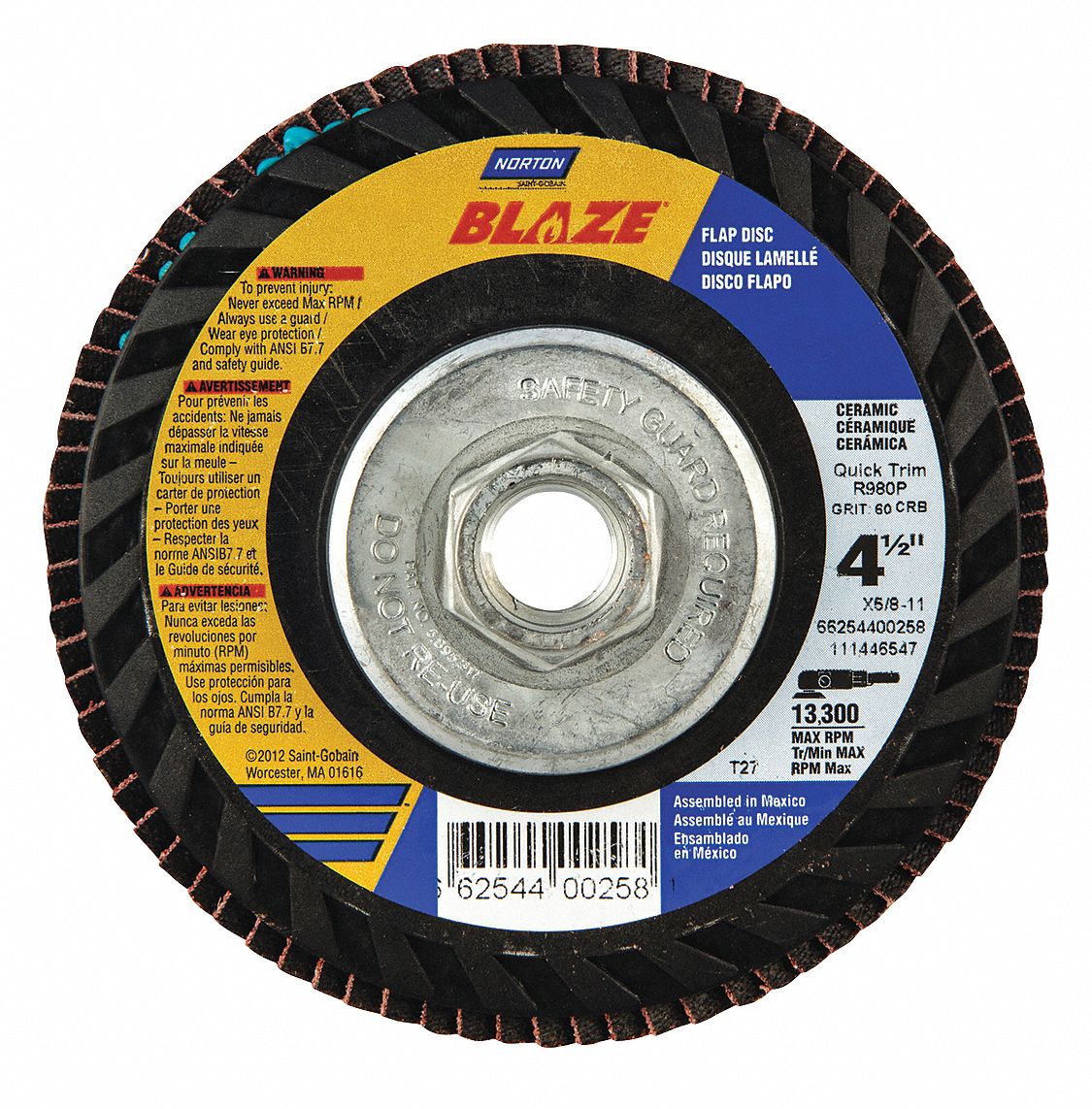 Flap Disc, 4 1/2 In X, 120 Grit, 7/8, TY27