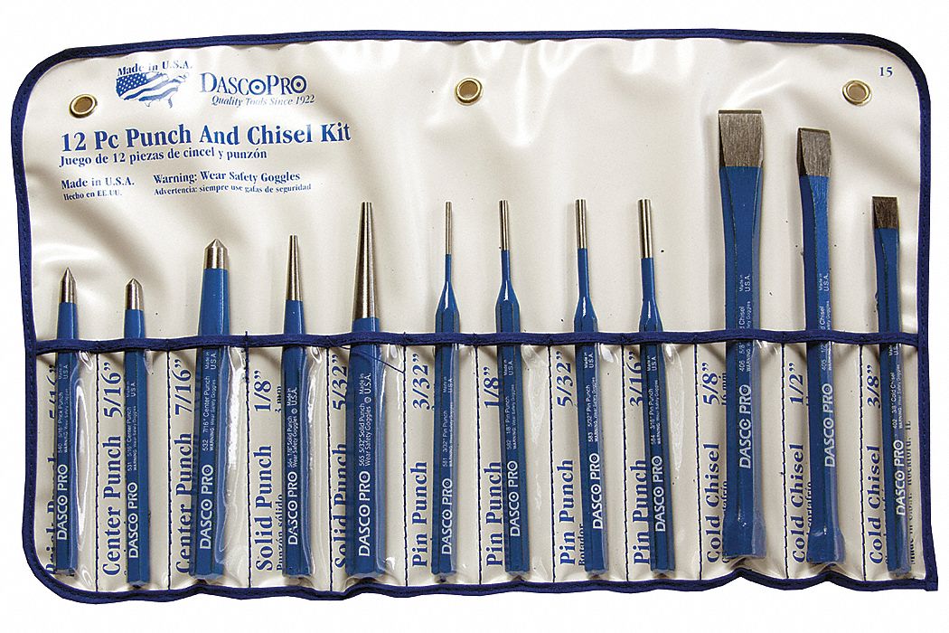 Punch and Chisel Set, Carbon Steel, 12 Pc