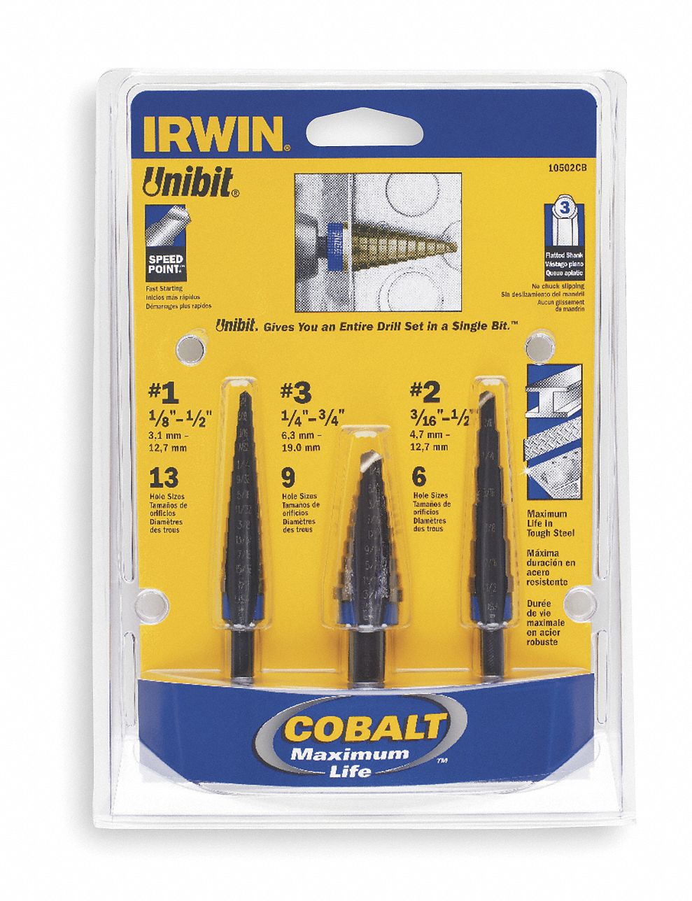 Cobalt Step Drill Set, 1/8-3/4 In, 3 Pc