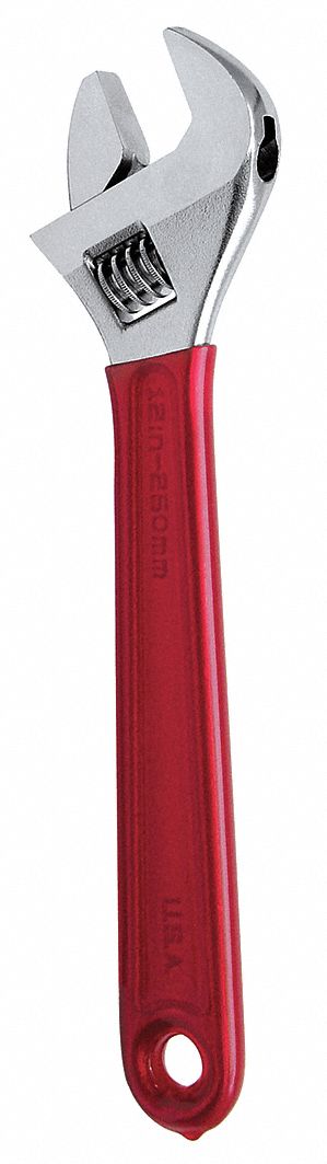 Adjustable Wrench, 12-3/8in, Chrome, Dipped