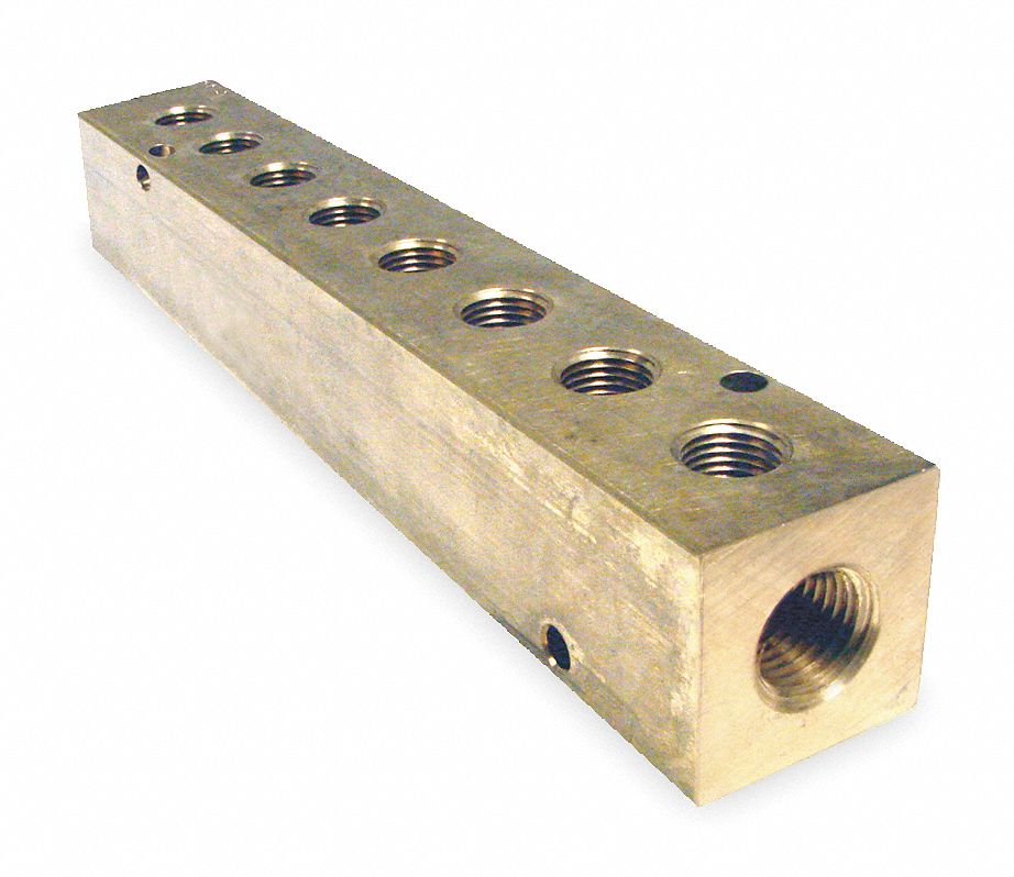 Manifold, 1/4 In Inlet, 8 Outlets, Brass