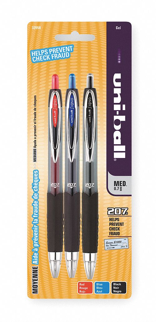 Gel Pen, Retractable, Medium, Multi, PK 3