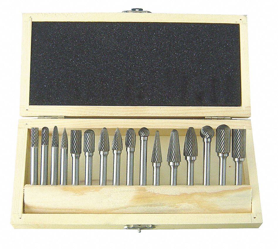 Carbide Bur Set, Single Cut, 1/4 In, 16 Pcs