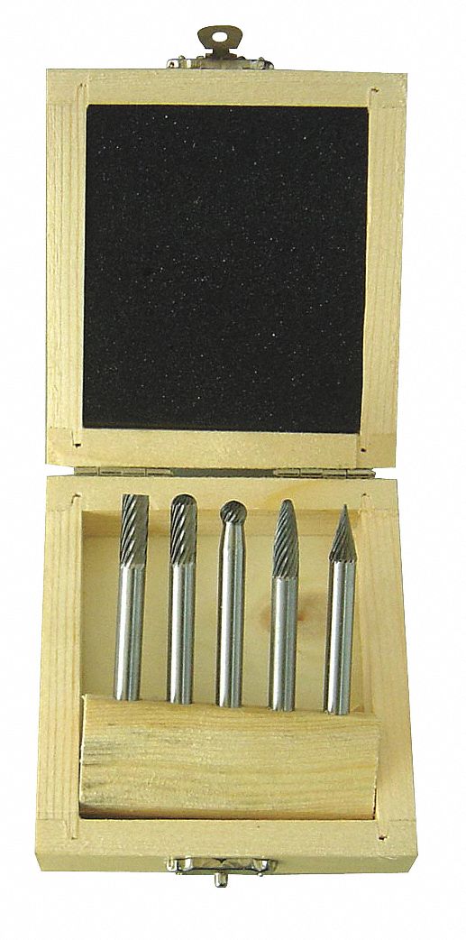 Carbide Bur Set, Single Cut, 1/4 In, 5 Pcs