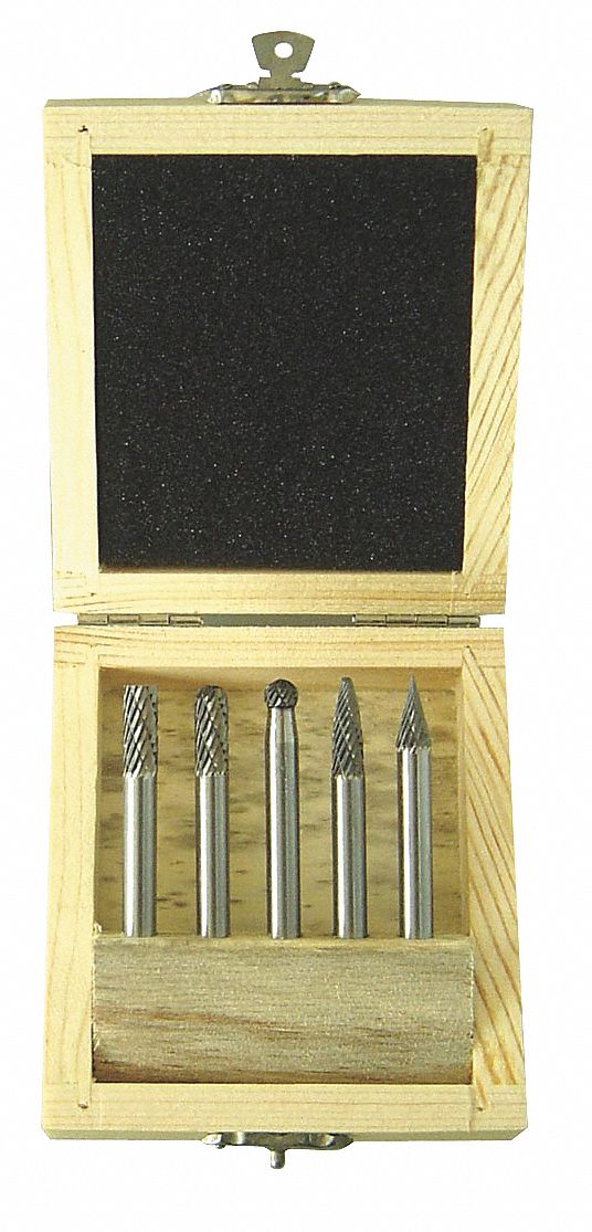 Carbide Bur Set, Dbl Cut, 1/4 In, 5 Pcs