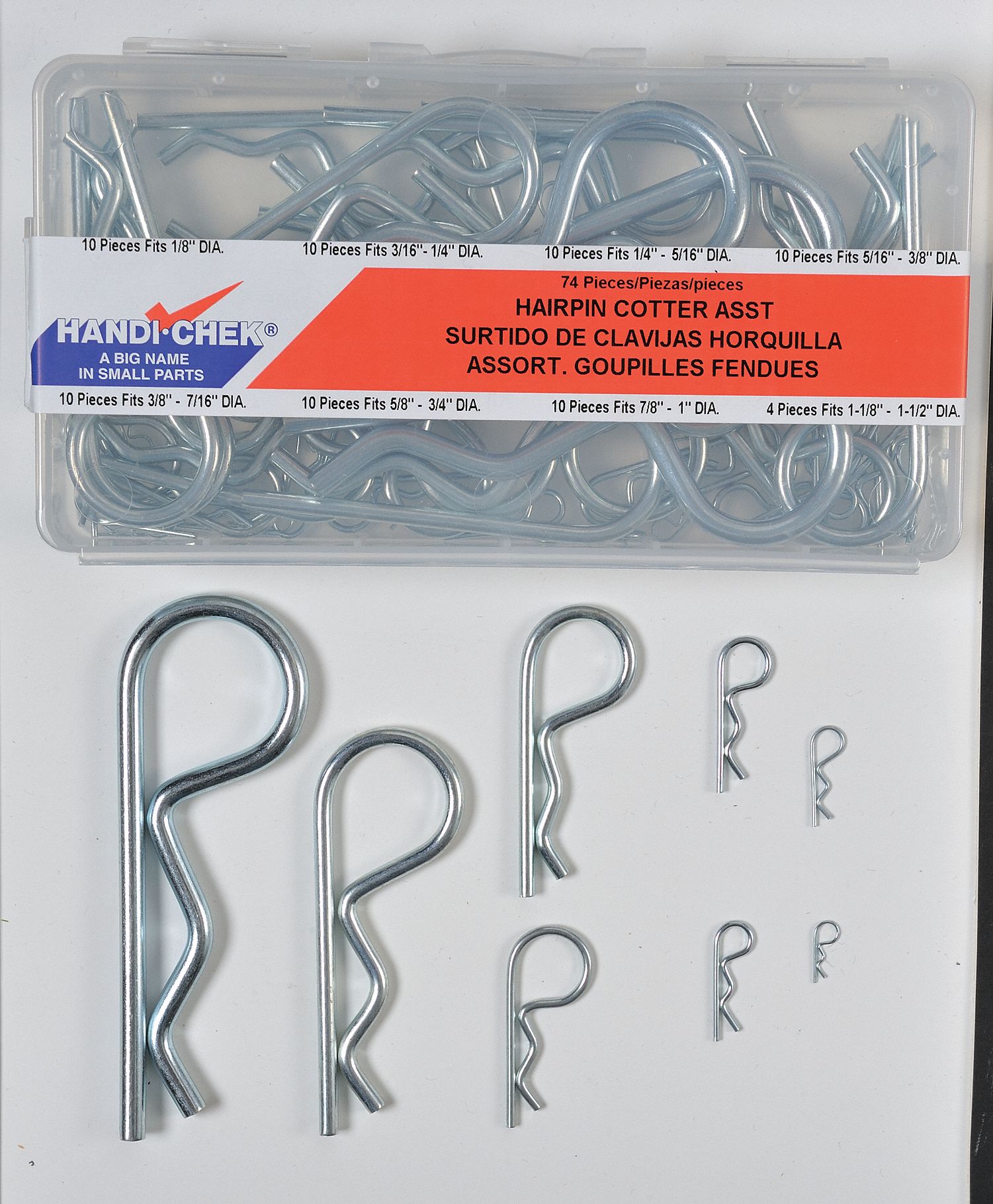 Hairpin Cotter Asst, Zinc, 74 Pcs, 8 Sizes